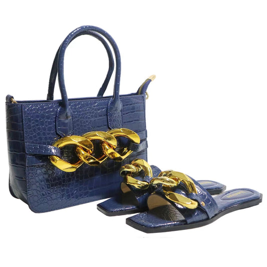 Snakeskin Chain Slippers With Elegant Handbag