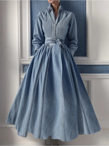 Retro Elegant Women's Denim Dress Long Sleeve Single Breasted Fashion Lapel A-Line Pocket Denim Maxi Dress Women's Clothing