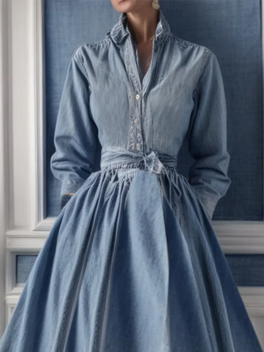 Retro Elegant Women's Denim Dress Long Sleeve Single Breasted Fashion Lapel A-Line Pocket Denim Maxi Dress Women's Clothing